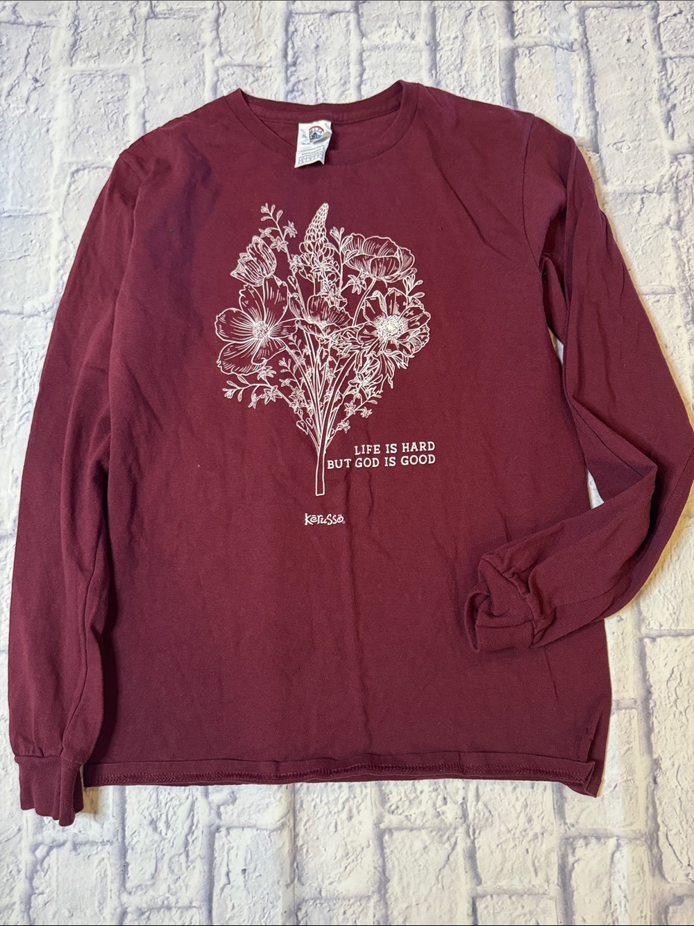 Long-Sleeve Graphic Tee in Burgundy with White Floral Print